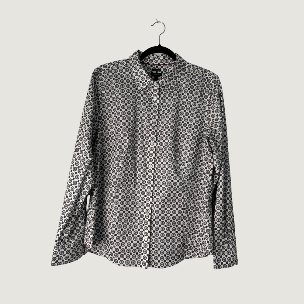 Talbots Button Down Shirt Womens 16 White Burgundy Geometric Wrinkle Resistant